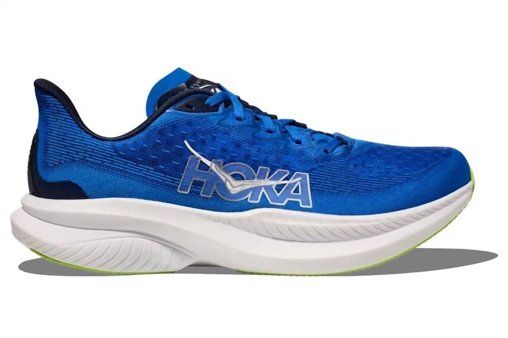 NEW HOKA men's mach 6 running shoes in electric cobalt/solar flare